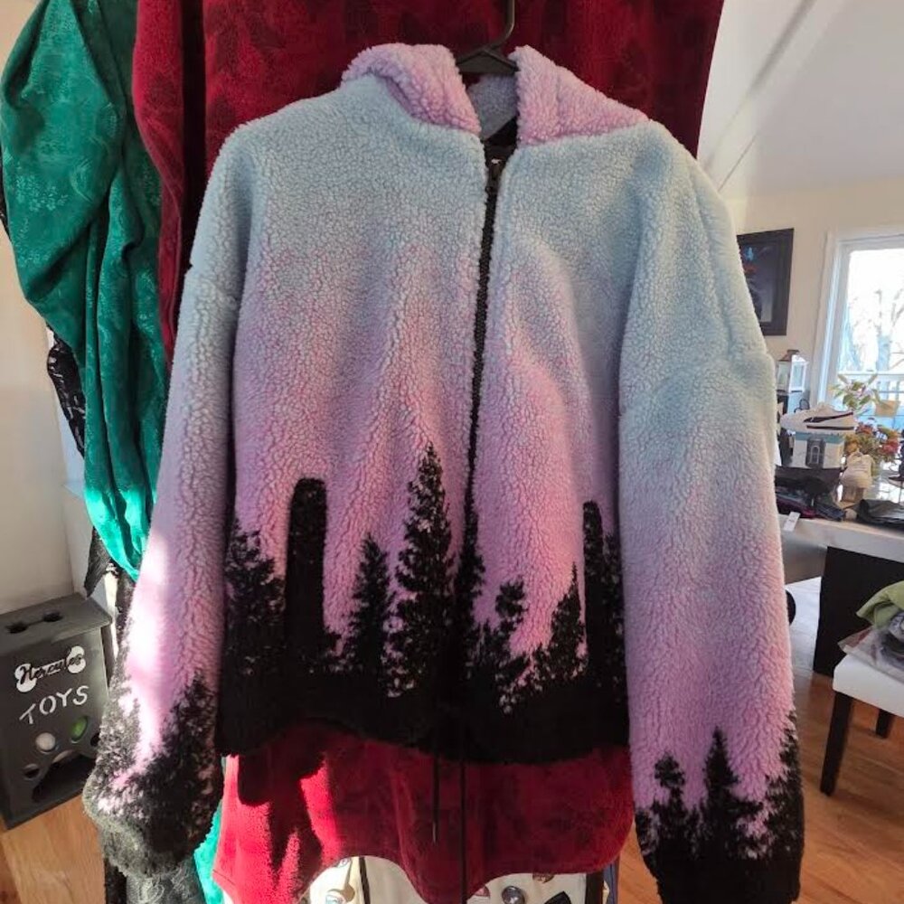 American Eagle Outfitters cropped hooded zip up sherpa jacket.
